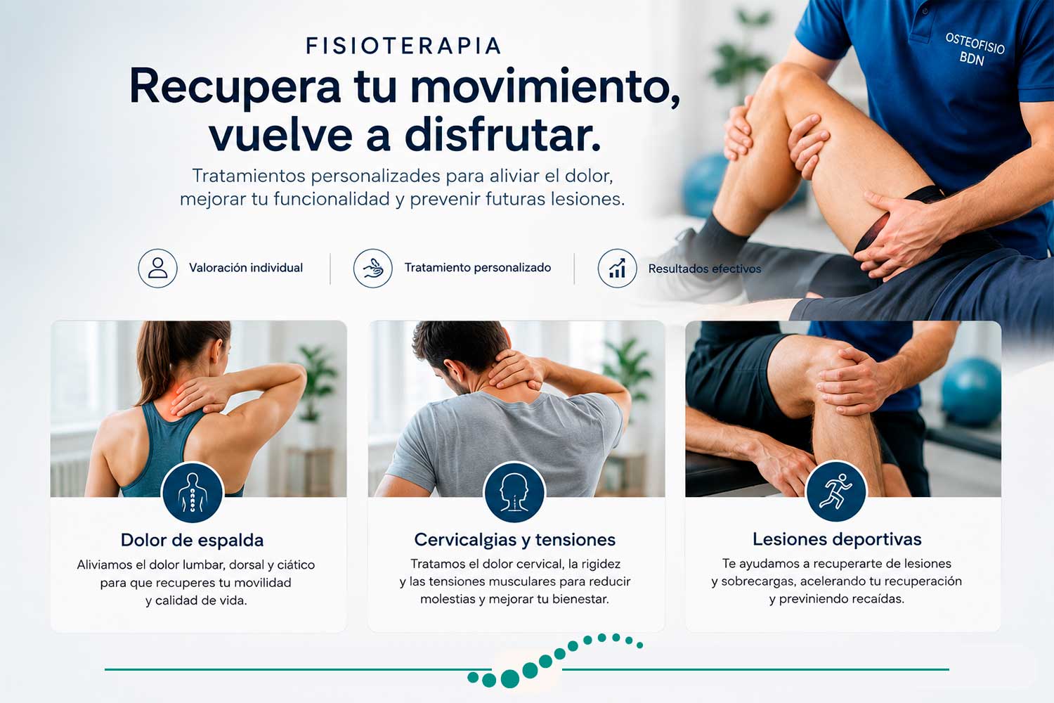 Infografía que muestra 3 patologías que pueden ser tratadas a través de la Fisioterapia
