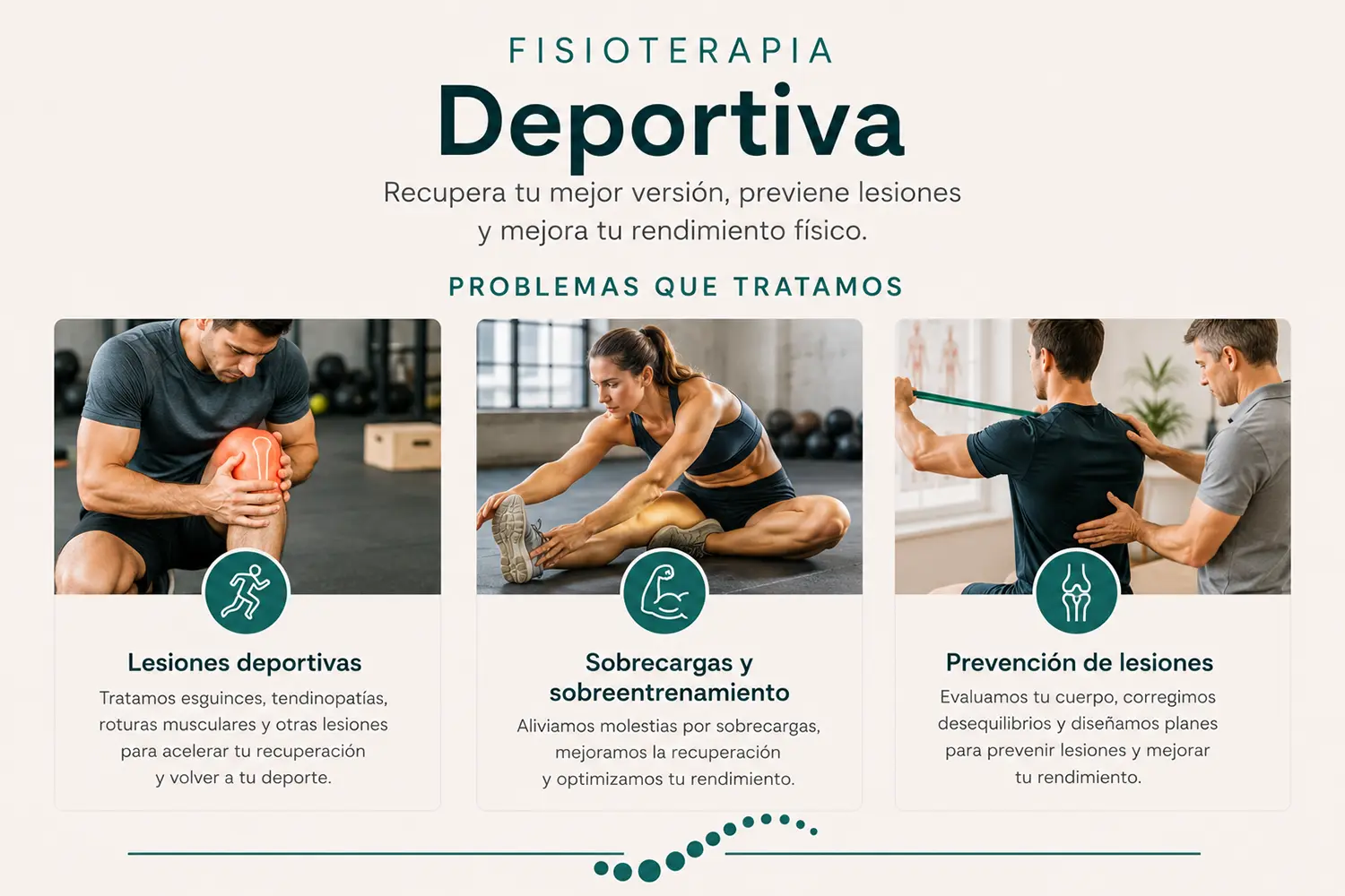 Infografía que muestra 3 patologías que pueden ser tratadas a través de la Fisioterapia Deportiva