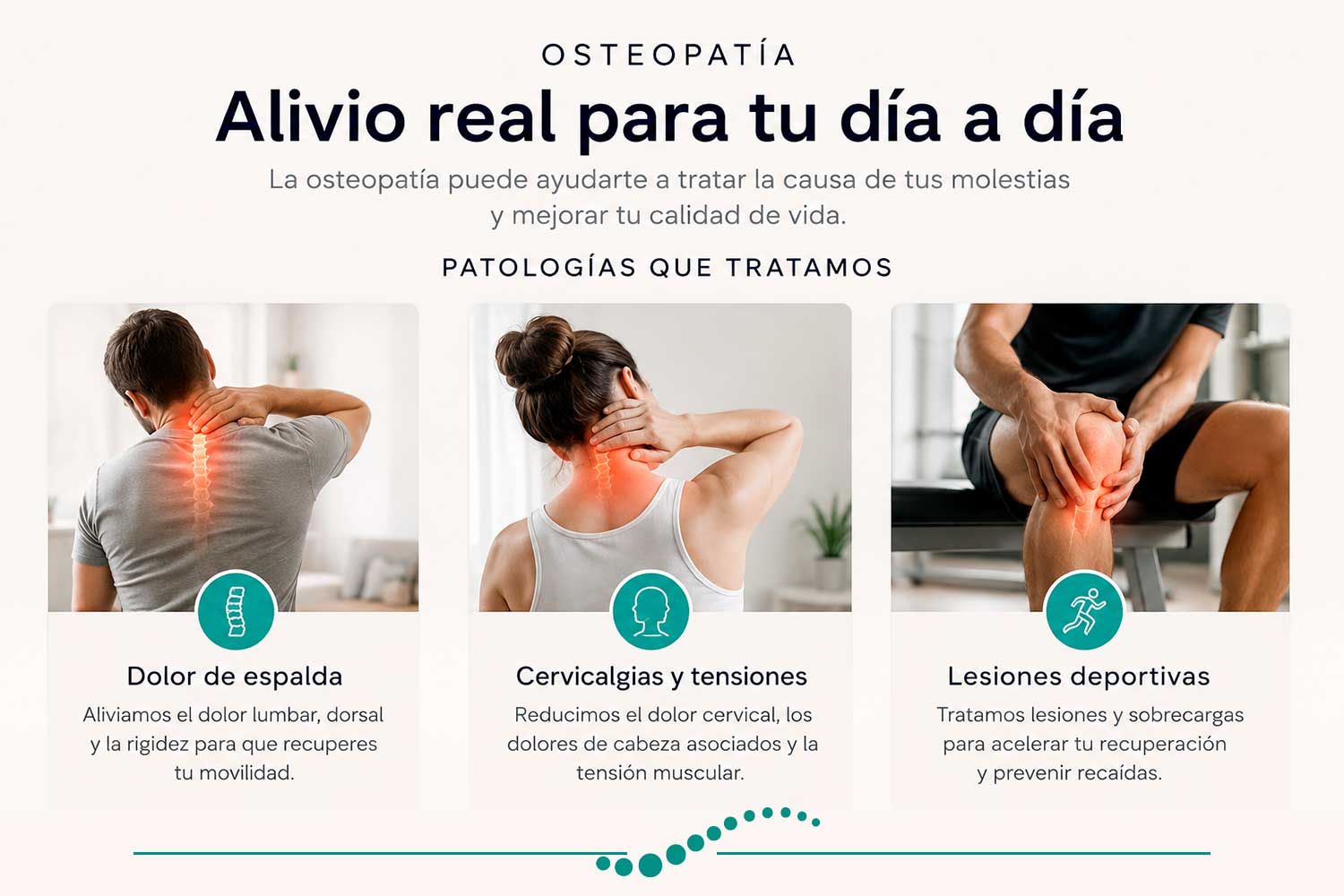 Infografía que muestra 3 patologías que pueden ser tratadas a través de la Osteopatía